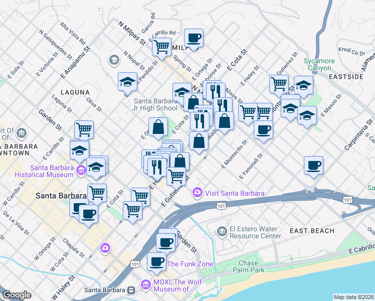 map of restaurants, bars, coffee shops, grocery stores, and more near 616 East Haley Street in Santa Barbara
