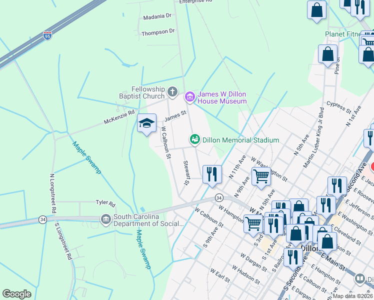 map of restaurants, bars, coffee shops, grocery stores, and more near 230 Stewart Street in Dillon