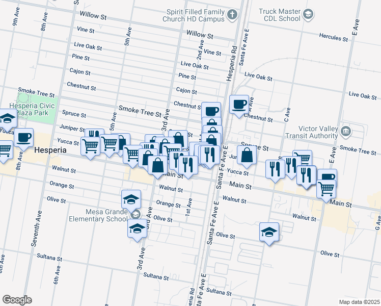map of restaurants, bars, coffee shops, grocery stores, and more near 16419 Juniper Street in Hesperia