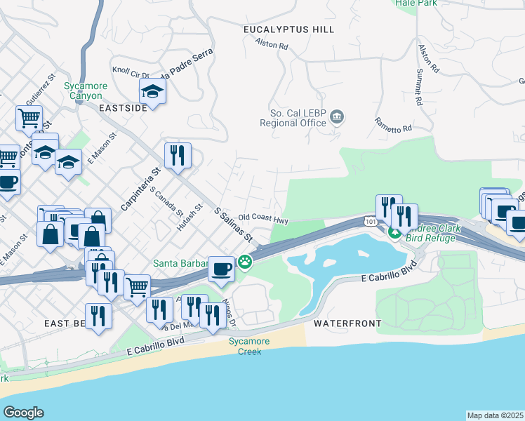 map of restaurants, bars, coffee shops, grocery stores, and more near 441 Old Coast Highway in Santa Barbara
