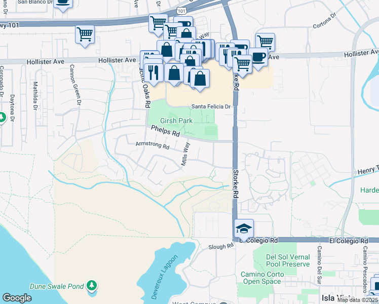 map of restaurants, bars, coffee shops, grocery stores, and more near 464 Mills Way in Goleta