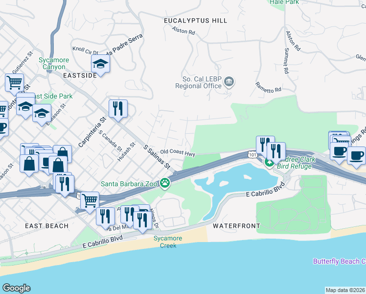 map of restaurants, bars, coffee shops, grocery stores, and more near 441 Old Coast Highway in Santa Barbara
