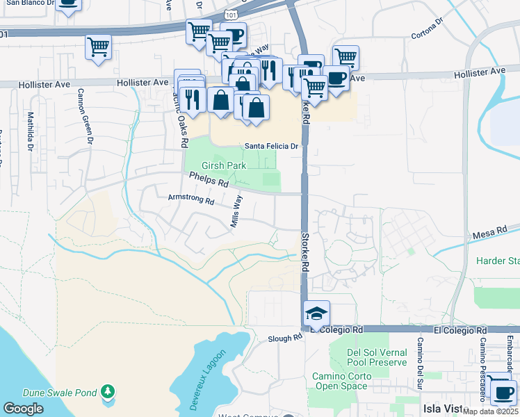 map of restaurants, bars, coffee shops, grocery stores, and more near 470 Linfield Place in Goleta