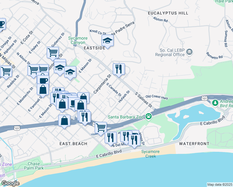 map of restaurants, bars, coffee shops, grocery stores, and more near 212 South Canada Street in Santa Barbara