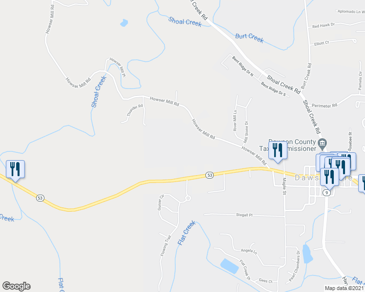 map of restaurants, bars, coffee shops, grocery stores, and more near 592 Georgia 53 in Dawsonville