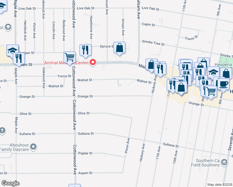 map of restaurants, bars, coffee shops, grocery stores, and more near 15154 Orange Street in Hesperia