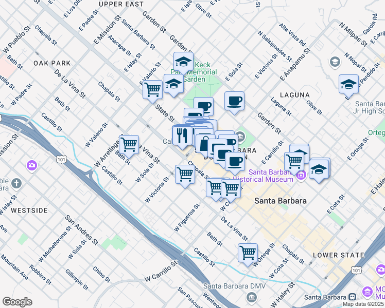 map of restaurants, bars, coffee shops, grocery stores, and more near 21 West Victoria Street in Santa Barbara