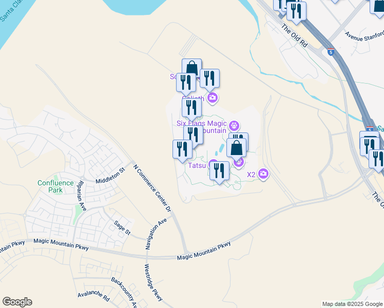 map of restaurants, bars, coffee shops, grocery stores, and more near 25360 Magic Mountain Parkway in Santa Clarita