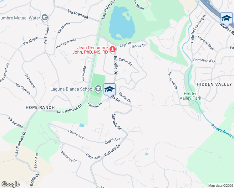 map of restaurants, bars, coffee shops, grocery stores, and more near 1057 Monte Drive in Santa Barbara