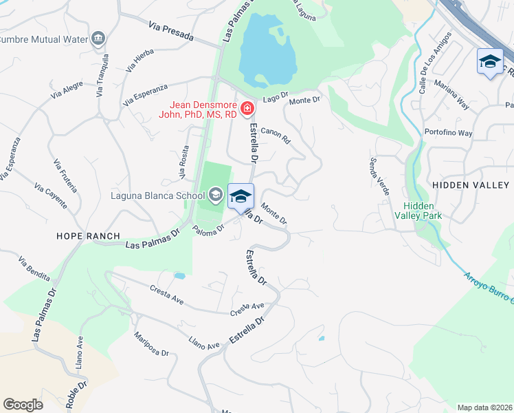 map of restaurants, bars, coffee shops, grocery stores, and more near 1057 Monte Drive in Santa Barbara