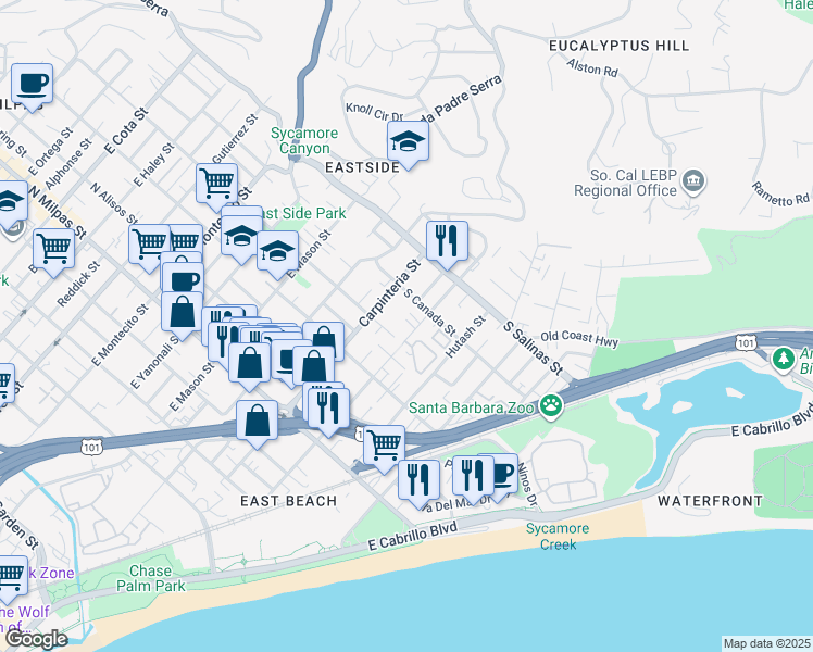 map of restaurants, bars, coffee shops, grocery stores, and more near 1215 Cacique Street in Santa Barbara