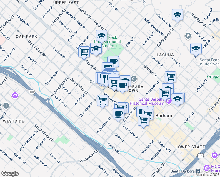 map of restaurants, bars, coffee shops, grocery stores, and more near 1221 State Street in Santa Barbara