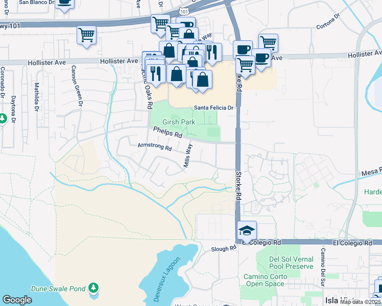 map of restaurants, bars, coffee shops, grocery stores, and more near 464 Mills Way in Goleta