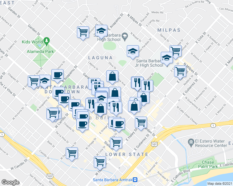 map of restaurants, bars, coffee shops, grocery stores, and more near 323a East De La Guerra Street in Santa Barbara