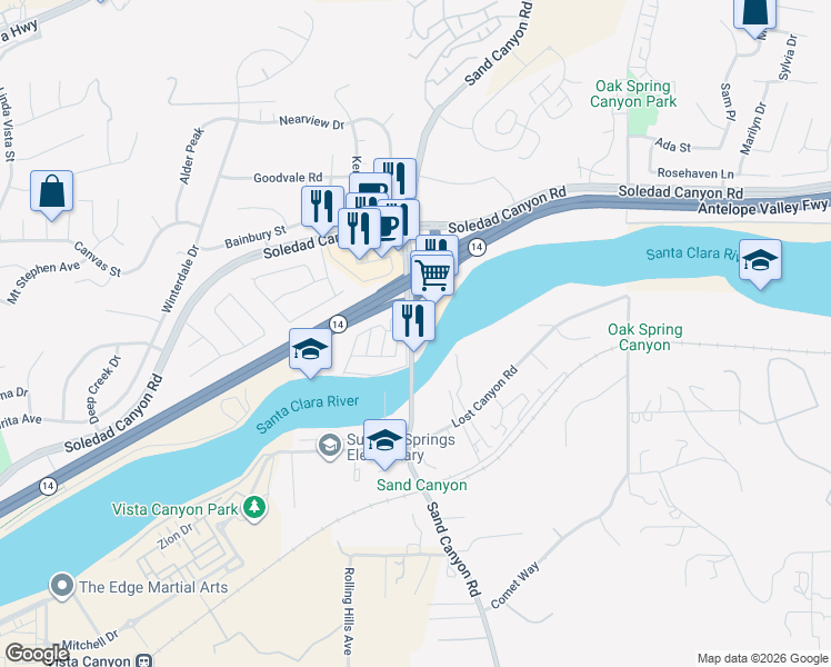 map of restaurants, bars, coffee shops, grocery stores, and more near 28367 Sand Canyon Road in Santa Clarita