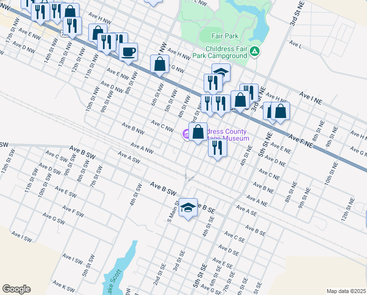 map of restaurants, bars, coffee shops, grocery stores, and more near 399 Ave B Northwest in Childress