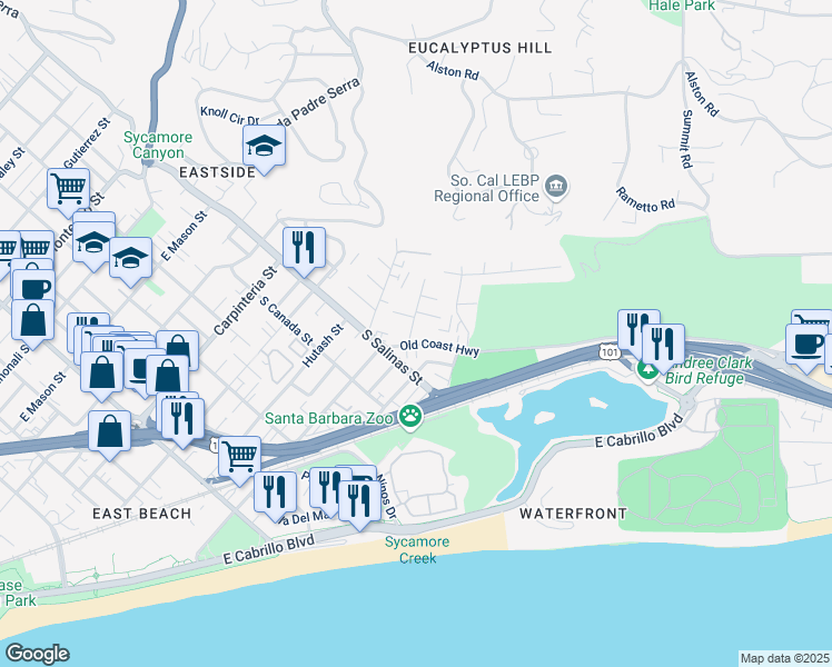 map of restaurants, bars, coffee shops, grocery stores, and more near 8 Ocean View Avenue in Santa Barbara