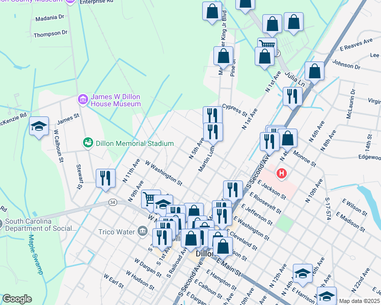 map of restaurants, bars, coffee shops, grocery stores, and more near 601 North 5th Avenue in Dillon