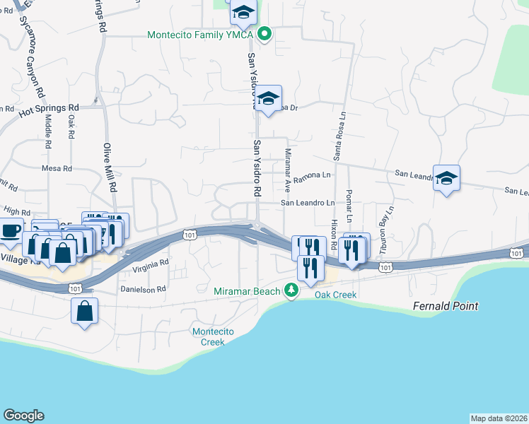 map of restaurants, bars, coffee shops, grocery stores, and more near 110 San Ysidro Road in Montecito