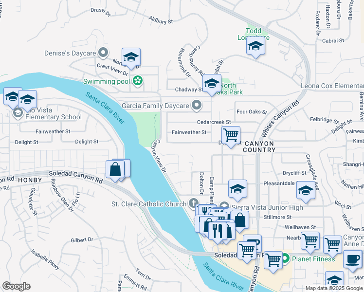 map of restaurants, bars, coffee shops, grocery stores, and more near 19616 Delight Street in Santa Clarita