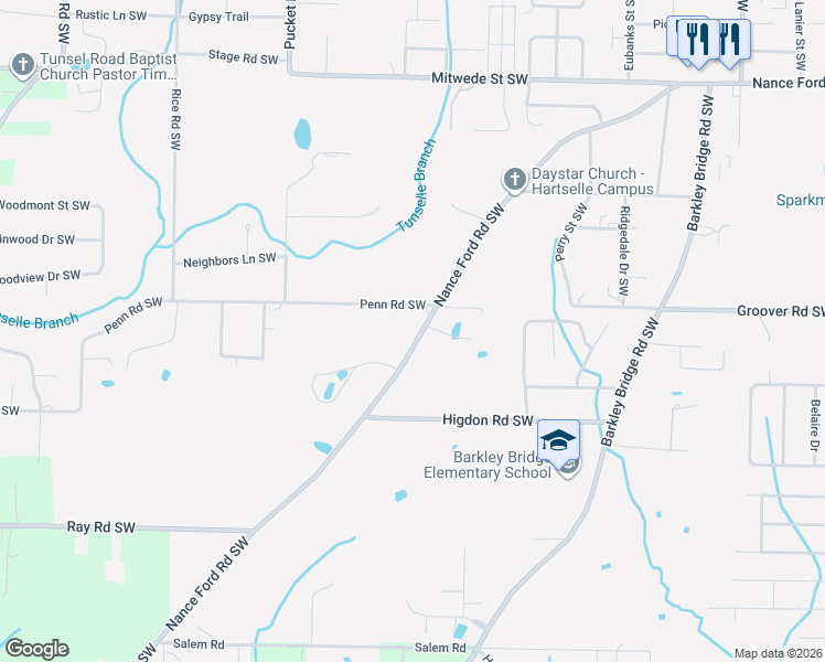 map of restaurants, bars, coffee shops, grocery stores, and more near 1153 Nance Ford Road Southwest in Hartselle
