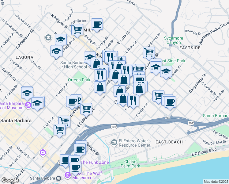map of restaurants, bars, coffee shops, grocery stores, and more near 316 Edison Avenue in Santa Barbara