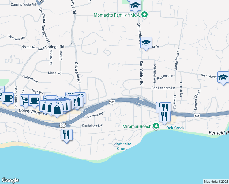 map of restaurants, bars, coffee shops, grocery stores, and more near 1420 North Jameson Lane in Montecito