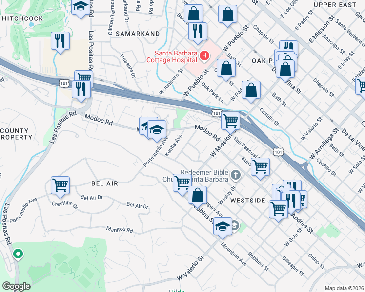 map of restaurants, bars, coffee shops, grocery stores, and more near 802 Eucalyptus Avenue in Santa Barbara