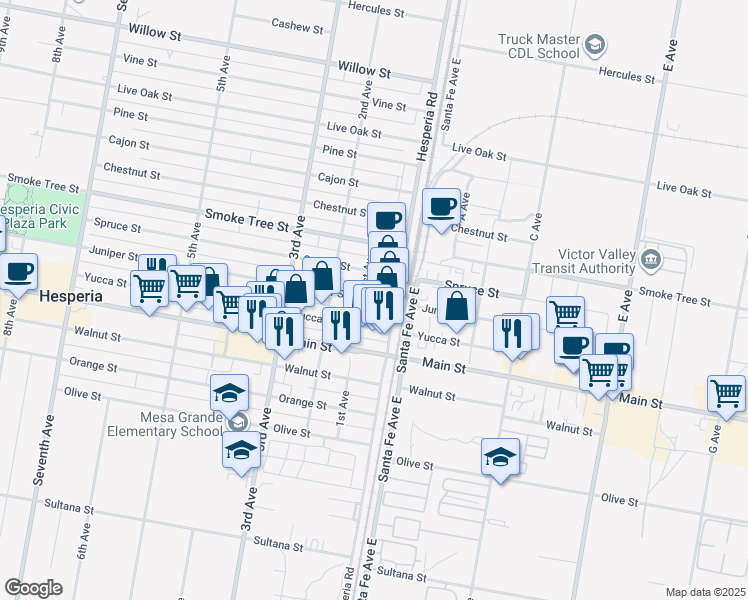 map of restaurants, bars, coffee shops, grocery stores, and more near 9519 1st Avenue in Hesperia