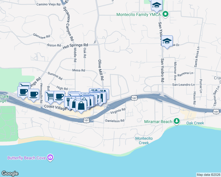 map of restaurants, bars, coffee shops, grocery stores, and more near 144 Santo Tomas Lane in Montecito