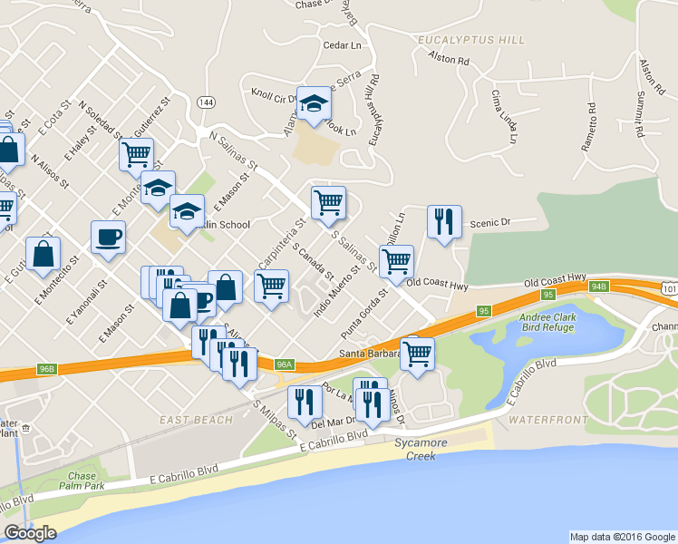 map of restaurants, bars, coffee shops, grocery stores, and more near 1318 Hutash Street in Santa Barbara