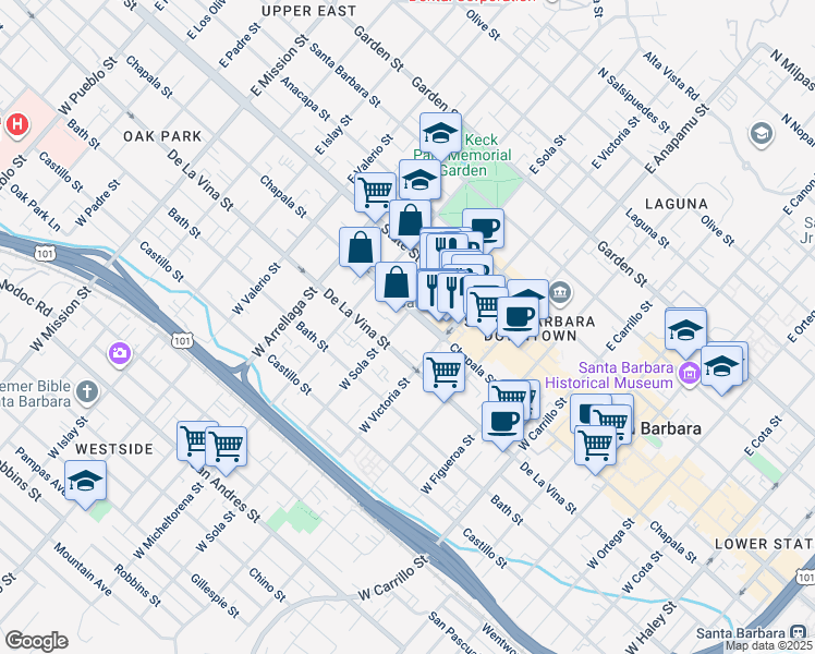 map of restaurants, bars, coffee shops, grocery stores, and more near 1404 De La Vina Street in Santa Barbara