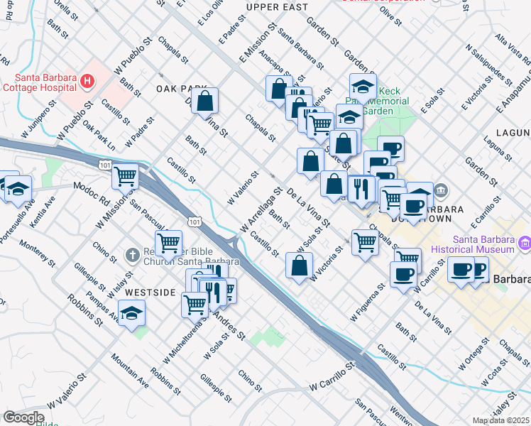 map of restaurants, bars, coffee shops, grocery stores, and more near in Santa Barbara