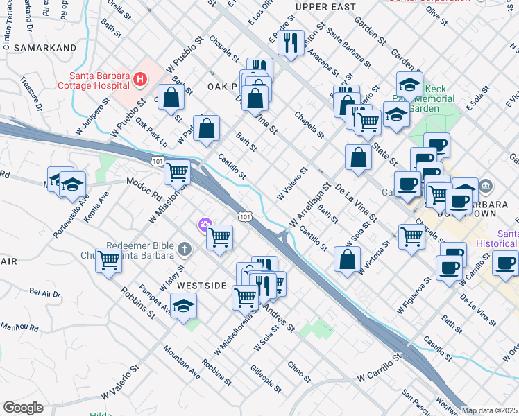 map of restaurants, bars, coffee shops, grocery stores, and more near 432 West Valerio Street in Santa Barbara