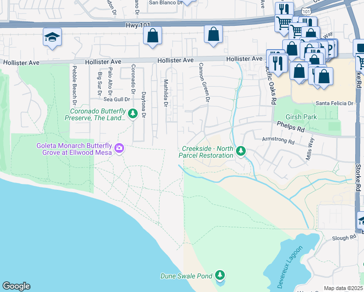 map of restaurants, bars, coffee shops, grocery stores, and more near 475 Cannon Green Drive in Goleta