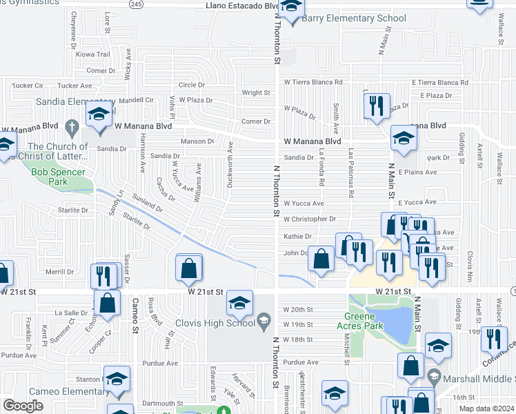 map of restaurants, bars, coffee shops, grocery stores, and more near 817 West Yucca Avenue in Clovis