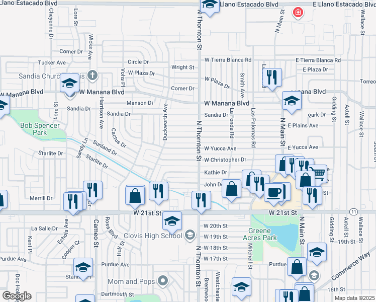 map of restaurants, bars, coffee shops, grocery stores, and more near 813 West Yucca Avenue in Clovis