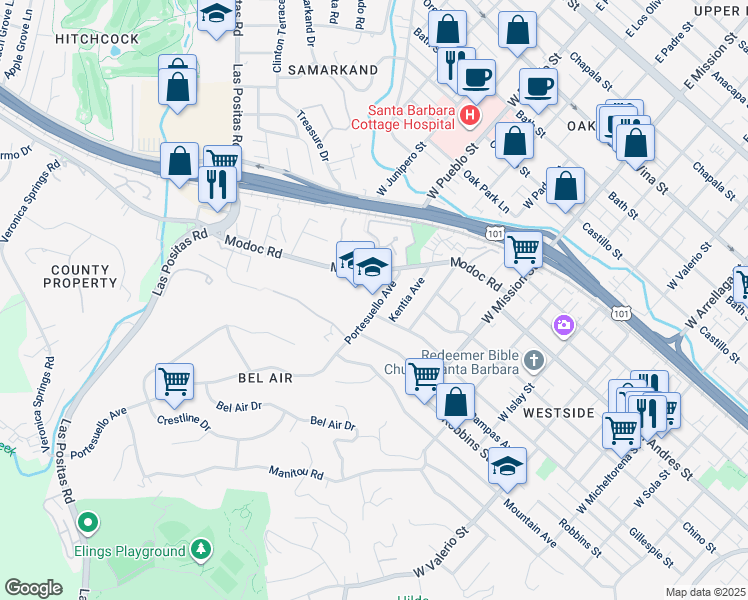 map of restaurants, bars, coffee shops, grocery stores, and more near 850 Portesuello Avenue in Santa Barbara