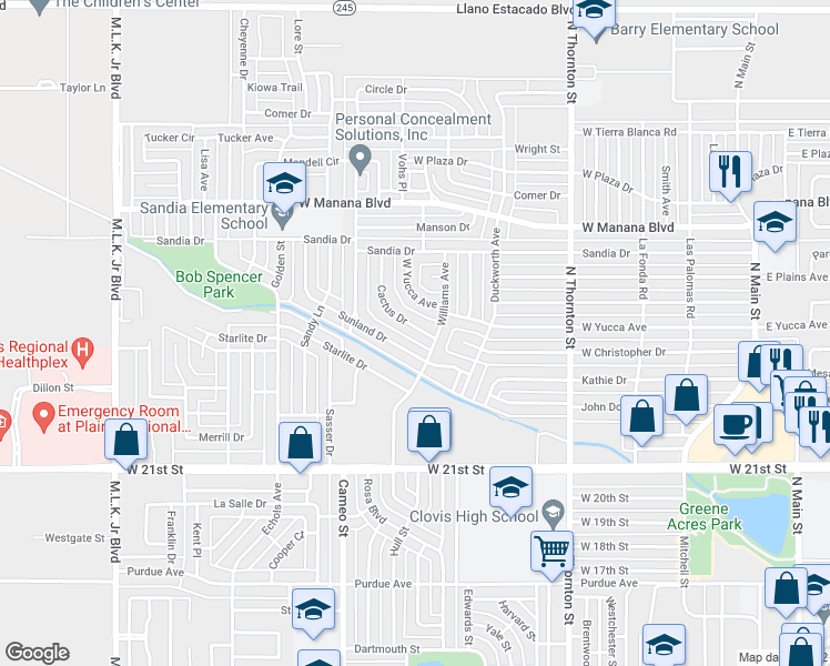 map of restaurants, bars, coffee shops, grocery stores, and more near 109 Cactus Drive in Clovis