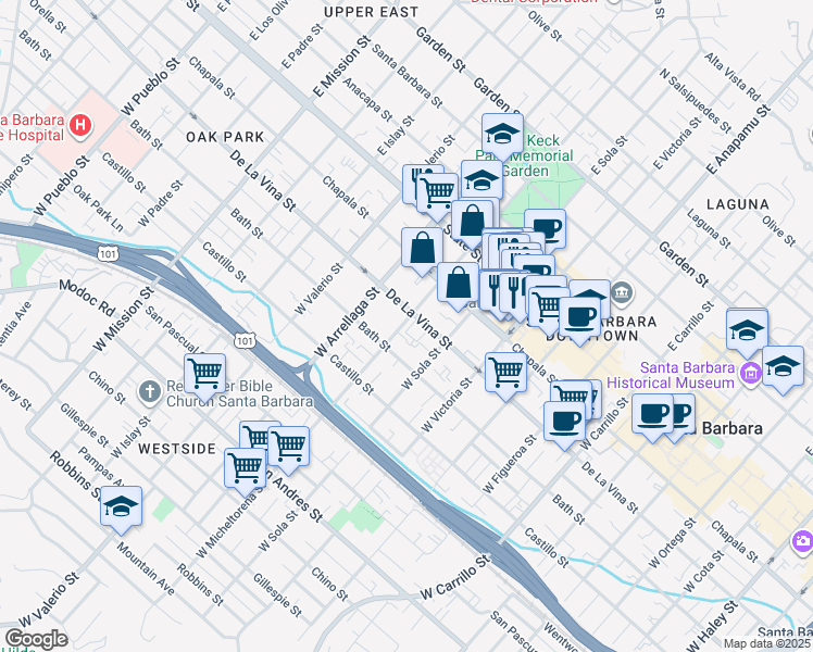 map of restaurants, bars, coffee shops, grocery stores, and more near 211 West Micheltorena Street in Santa Barbara