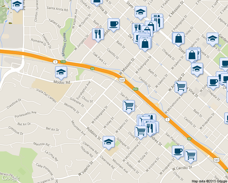 map of restaurants, bars, coffee shops, grocery stores, and more near 1913 San Pascual Street in Santa Barbara