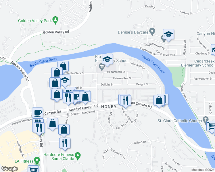 map of restaurants, bars, coffee shops, grocery stores, and more near 20420 Delight Street in Santa Clarita