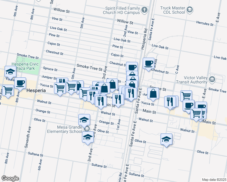 map of restaurants, bars, coffee shops, grocery stores, and more near 16419 Juniper Street in Hesperia