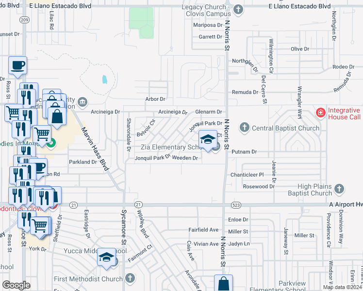 map of restaurants, bars, coffee shops, grocery stores, and more near 1819 Jonquil Park Drive in Clovis
