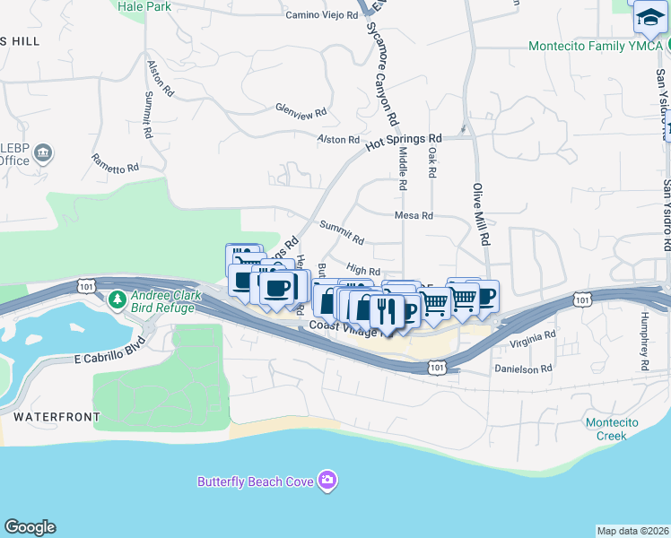 map of restaurants, bars, coffee shops, grocery stores, and more near 1125 High Road in Montecito