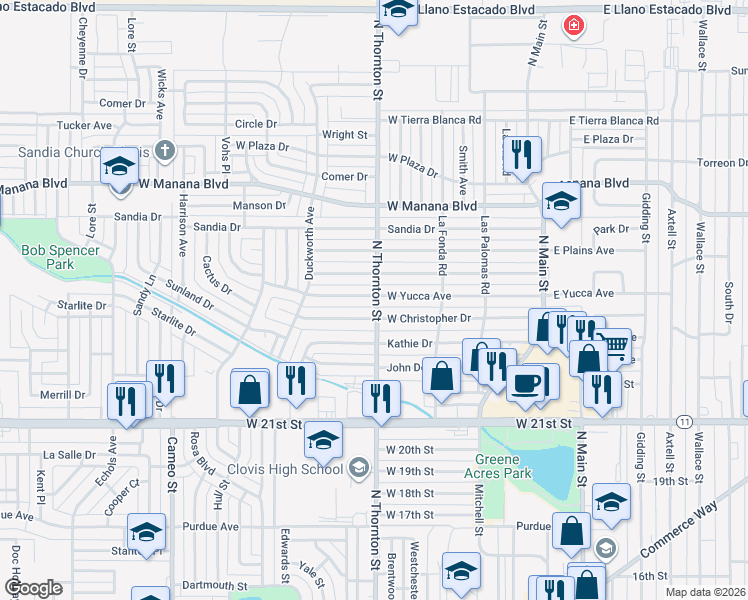 map of restaurants, bars, coffee shops, grocery stores, and more near 801 West Yucca Avenue in Clovis