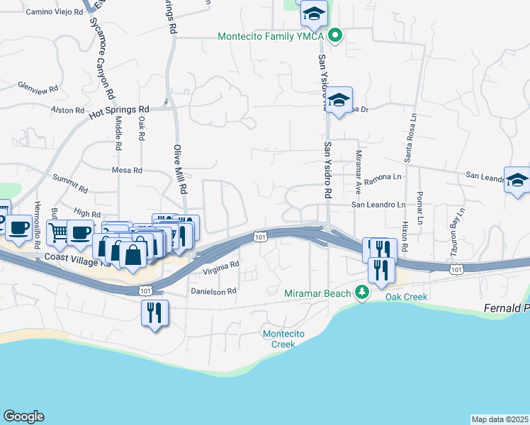 map of restaurants, bars, coffee shops, grocery stores, and more near 1420 North Jameson Lane in Montecito