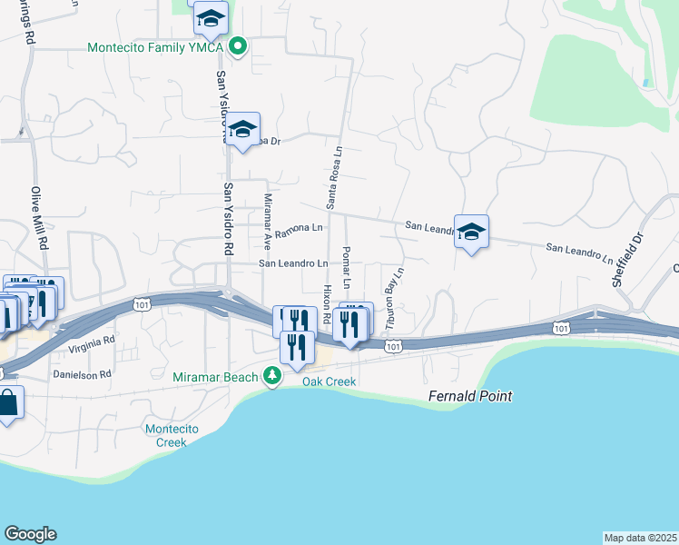 map of restaurants, bars, coffee shops, grocery stores, and more near 145 Pomar Lane in Montecito