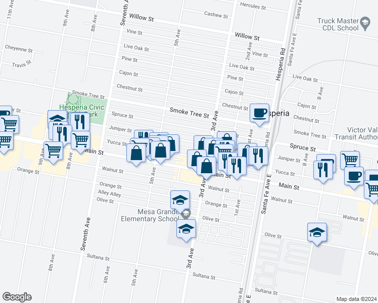 map of restaurants, bars, coffee shops, grocery stores, and more near 16258 Yucca Street in Hesperia