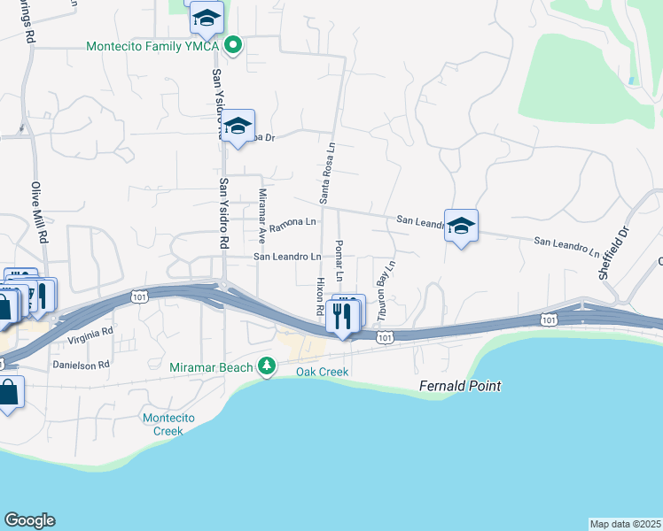 map of restaurants, bars, coffee shops, grocery stores, and more near 145 Pomar Lane in Montecito